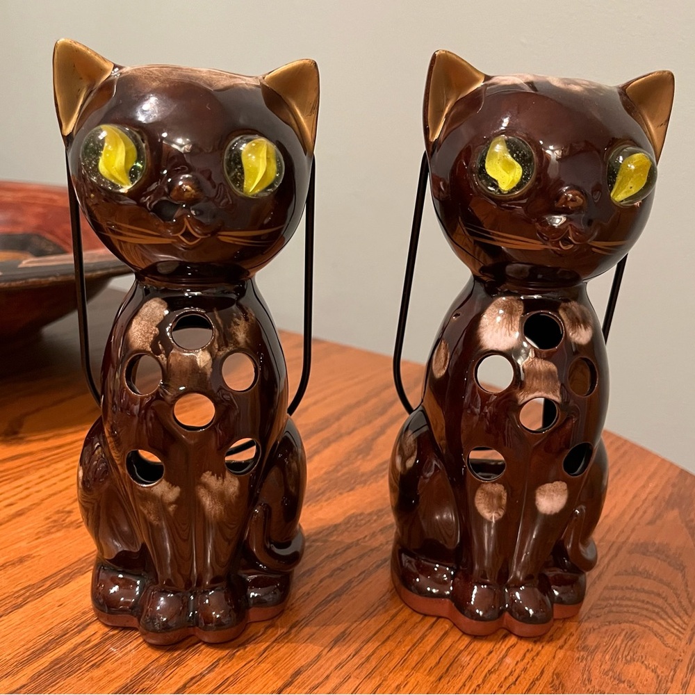 Vintage Redware Cat Votive Candle Lanterns by INARCO